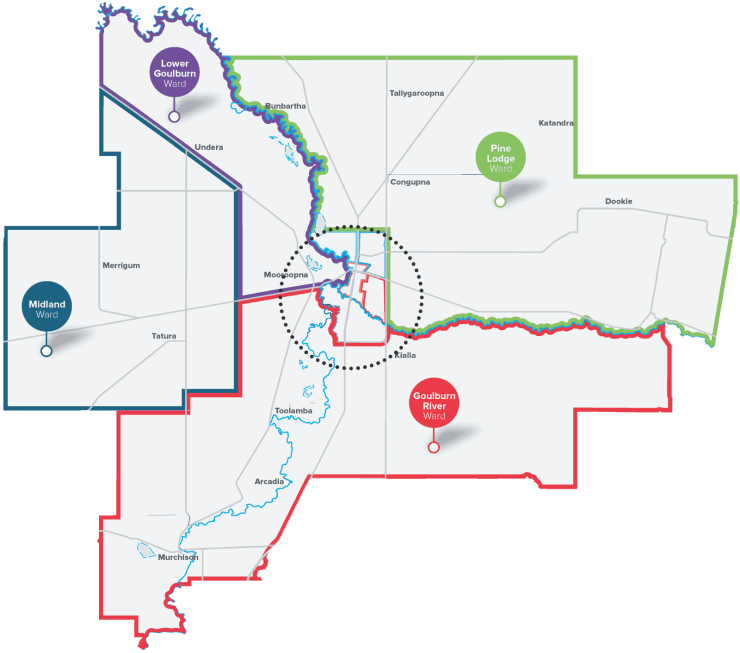 Map showing the boundaries of Greater Shepparton's four outer wards. 