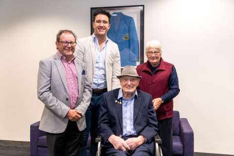 Left to right: Councillor Anthony Brophy, Greater Shepparton City Council Mayor, Councillor Shane Sali, Murray Slee and Robyn Slee at the blazer unveiling.